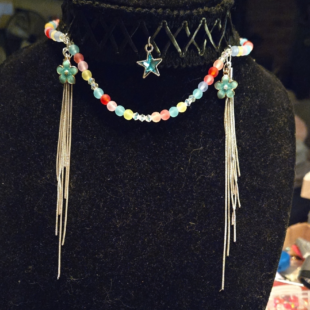 Multicolor Beaded Necklace with Silver Tassels